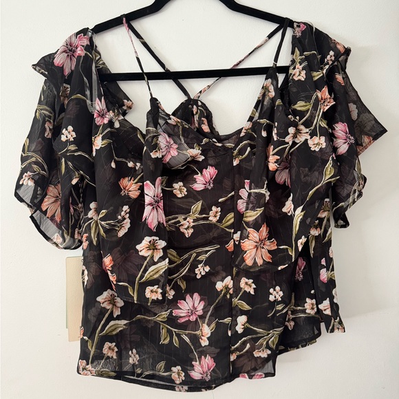 Iris Youth Plus Size 3X Black and Pink Floral Ruffled Thin See Through Blouse - Picture 5 of 7